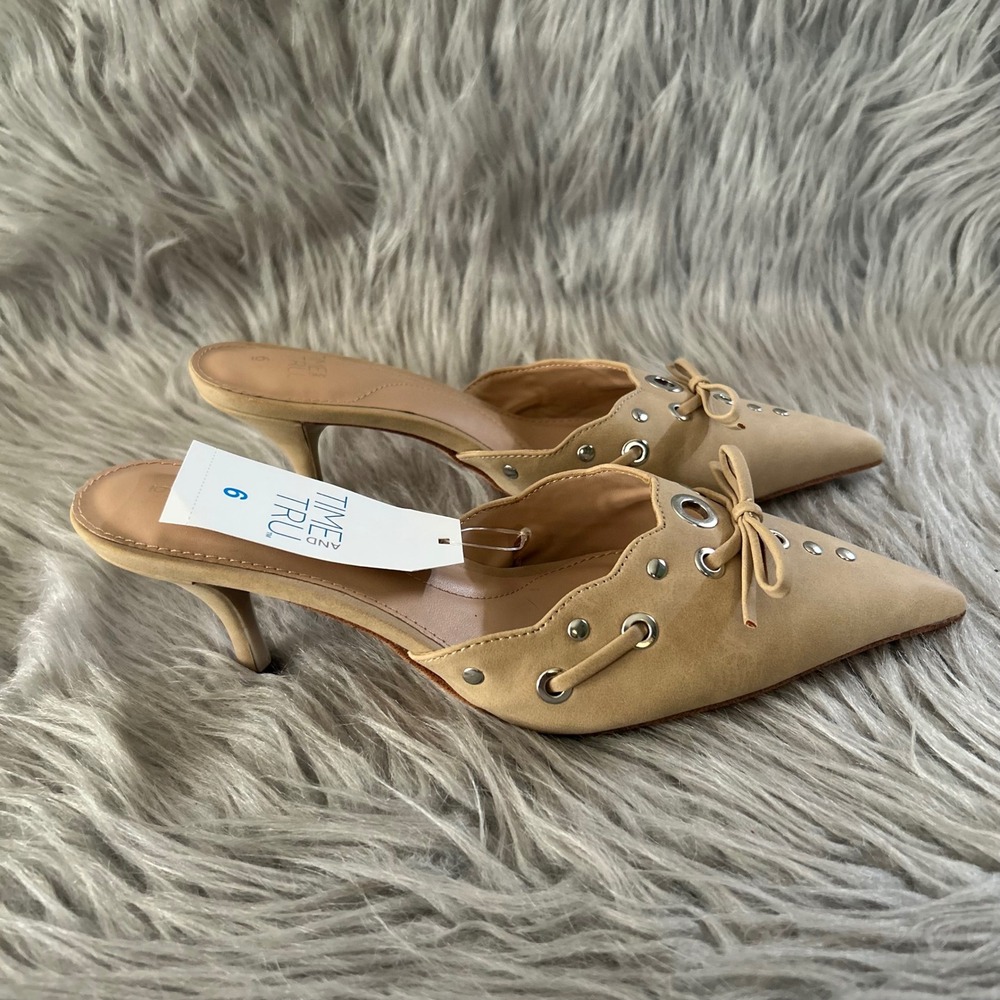Time And Tru Stud Kitten Heel Women's Size 6 Beige Studded Slip On Heels Shoes
